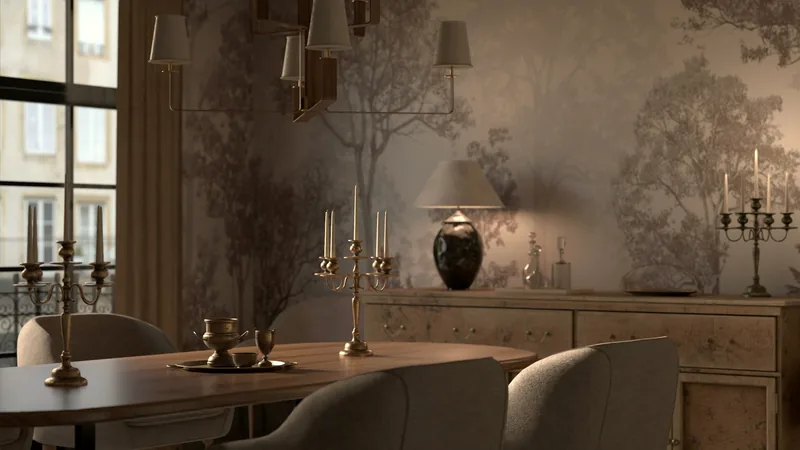 Salón elegante con candelabro ornamentado y luz cálida