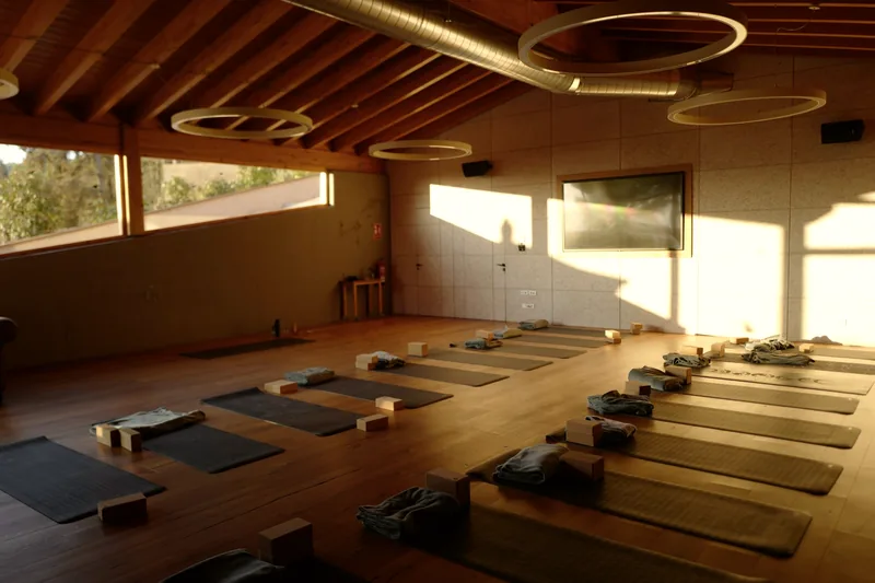 Sala amplia de yoga con esterillas y luz natural